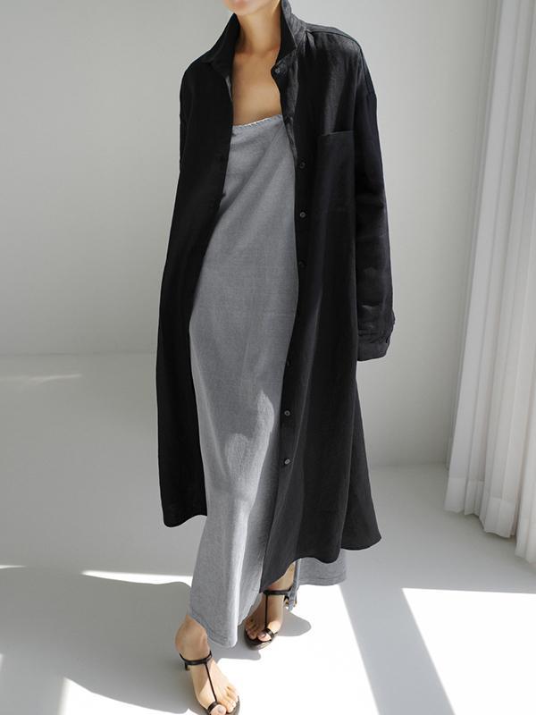 Simple Long Sleeves Split-Side Solid Color Lapel Midi Dresses Shirt Dress Product Image