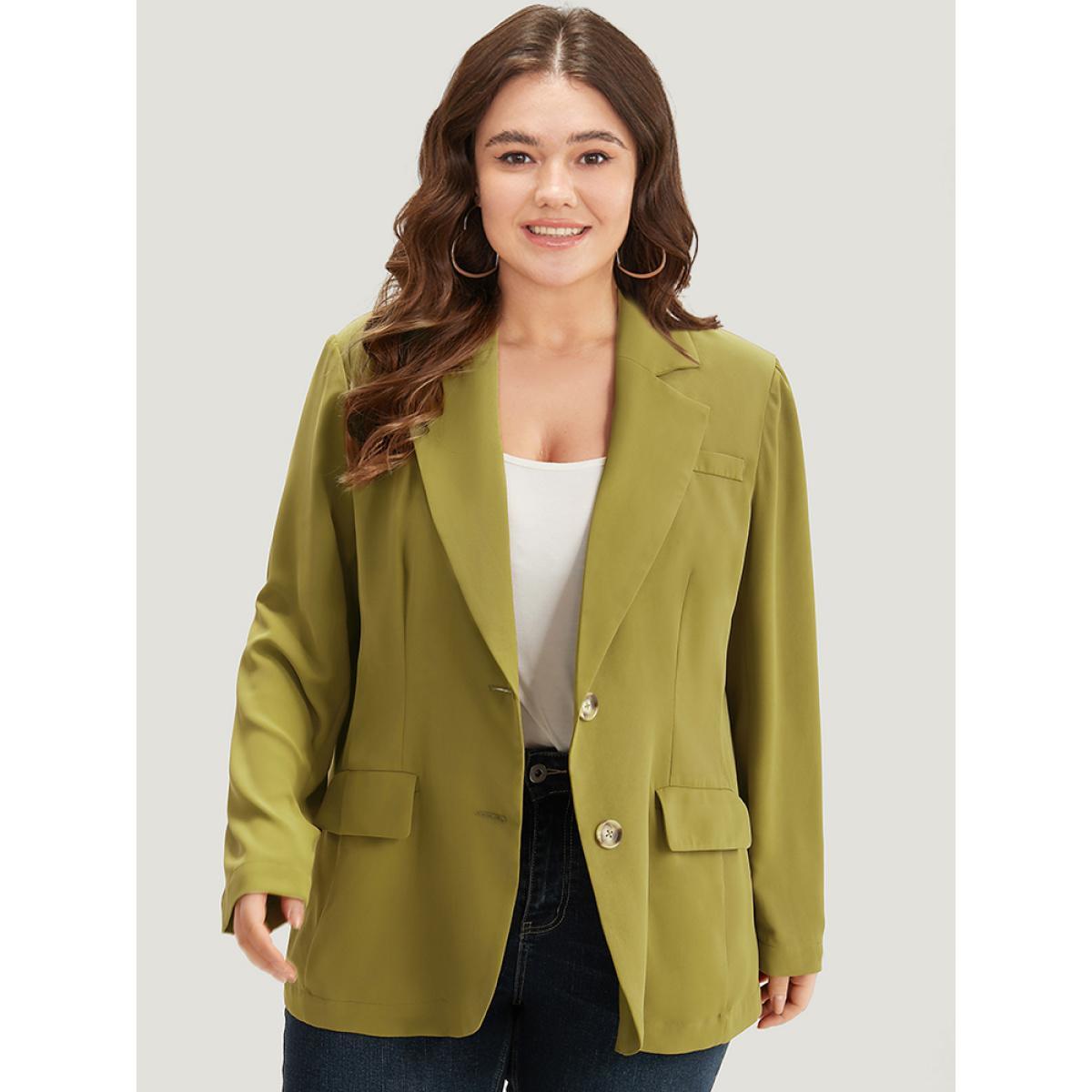 Plus Size Plain Pocket Button Up Suit Collar Blazer Olive Women Dailywear Plain Plain Sleeve Long Sleeve Lapel Collar 10/M Pocket Casual Blazers BloomChic Product Image