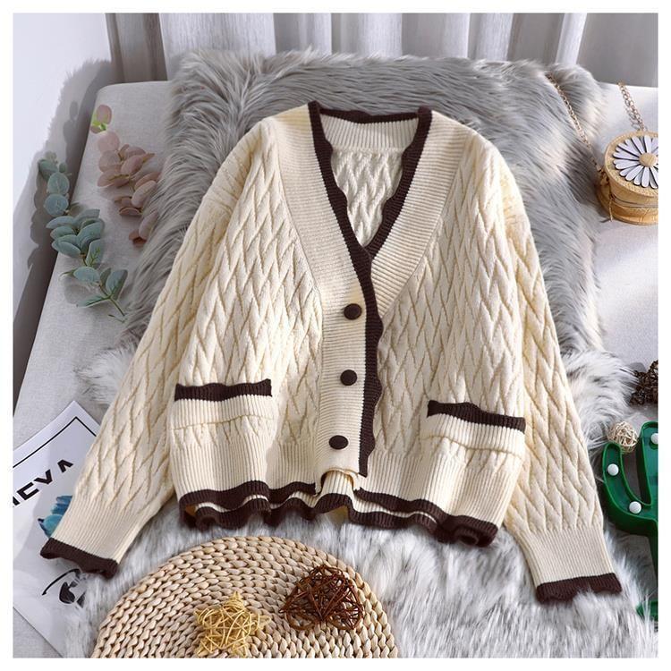 V-Neck Plain Contrast Trim Cardigan Product Image