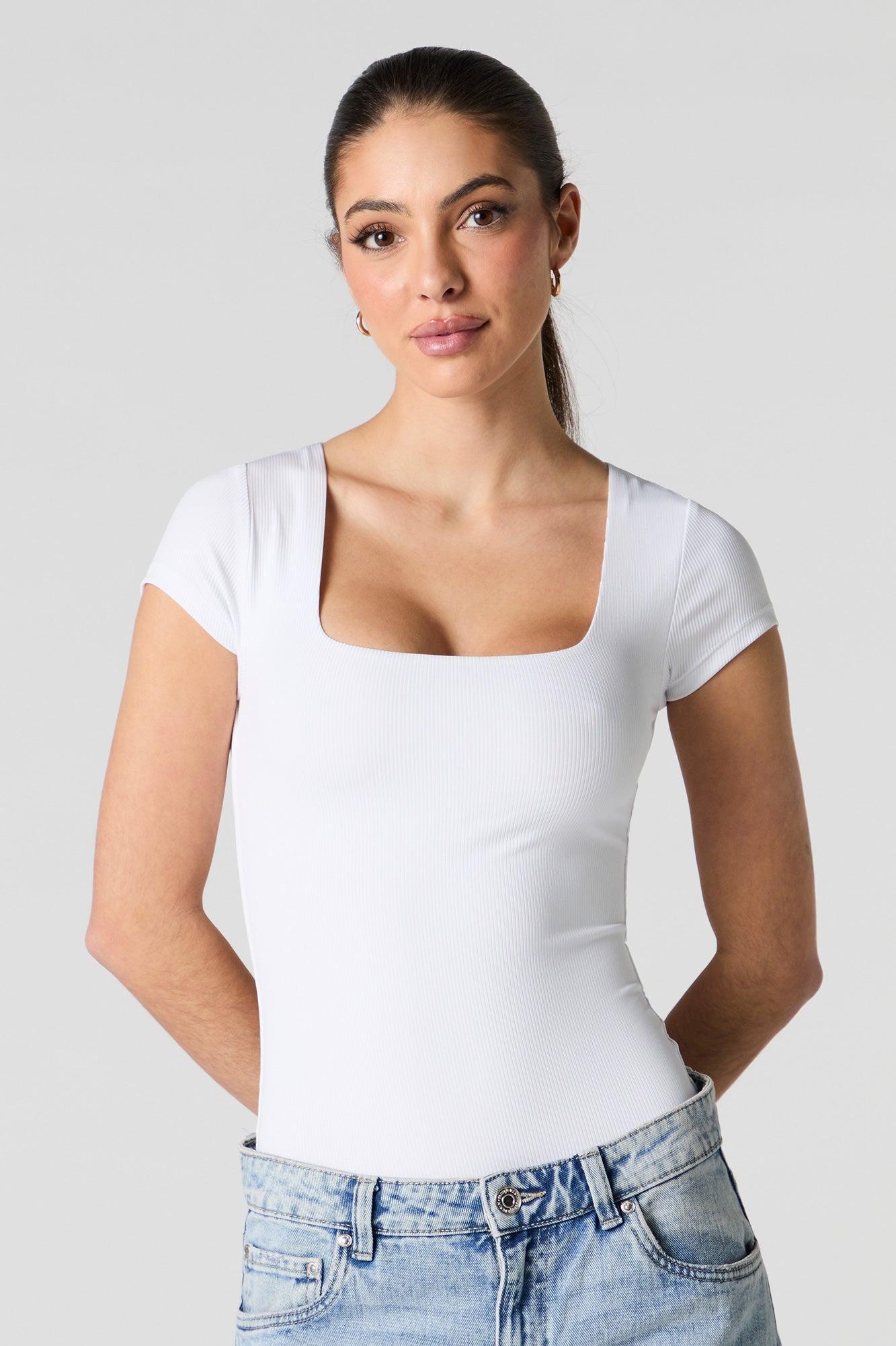 Ribbed Square Neck Short Sleeve Bodysuit Female Product Image