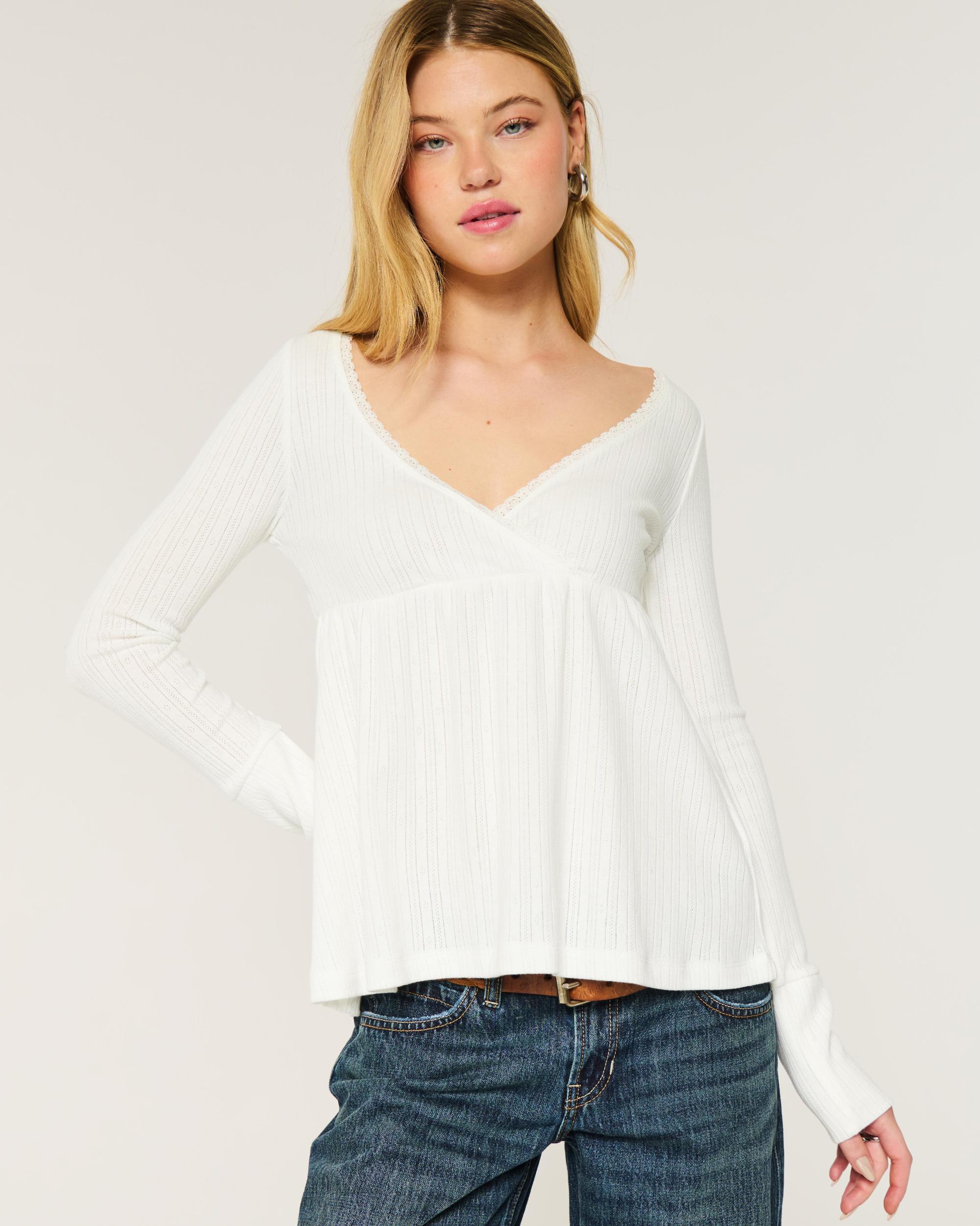 Easy Long-Sleeve Pointelle Babydoll Top Product Image