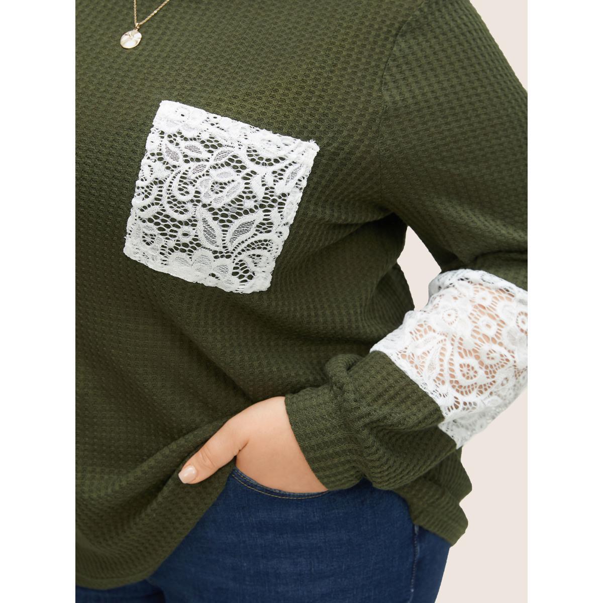 Plus Size Waffle Knit Contrast Lace Patchwork T-shirt ArmyGreen Women Elegant Contrast Plain Round Neck Everyday T-shirts BloomChic 10/M Product Image