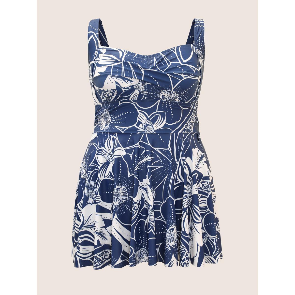 Plus Size Natural Flowers Heart Neckline Twist Swim Dress Women's Swimwear Indigo Beach Bodycon Heart neckline High stretch Curve Swim Dresses BloomChic 30/6X Product Image