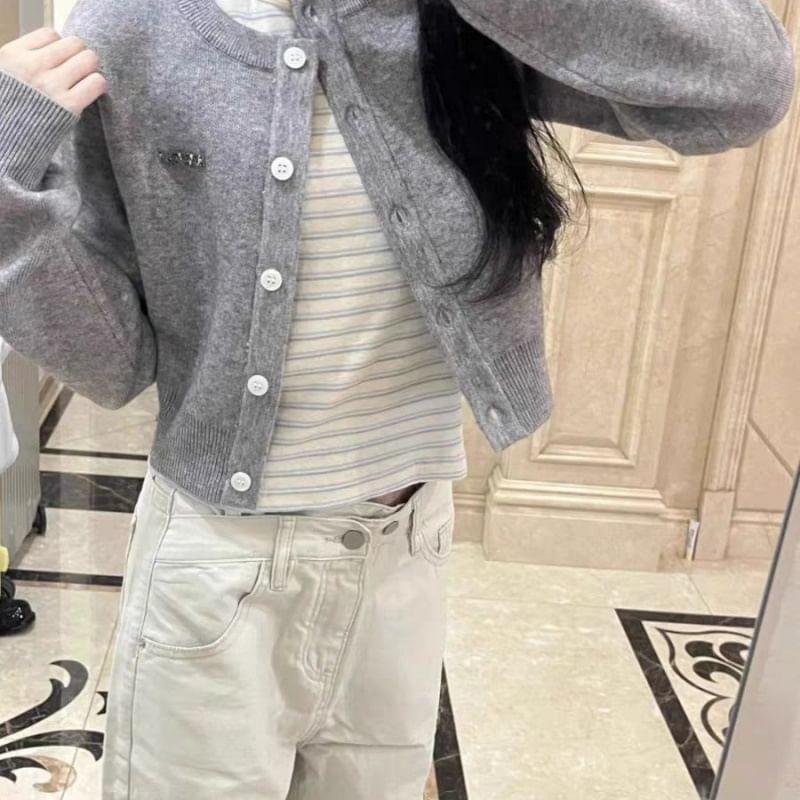 Crew Neck Applique Button-Up Crop Cardigan Product Image
