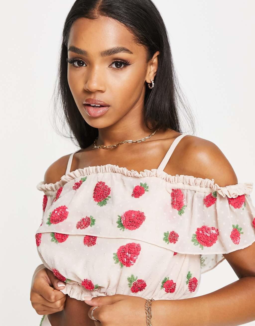 Miss Selfridge Premium embellished strawberry bardot top Product Image