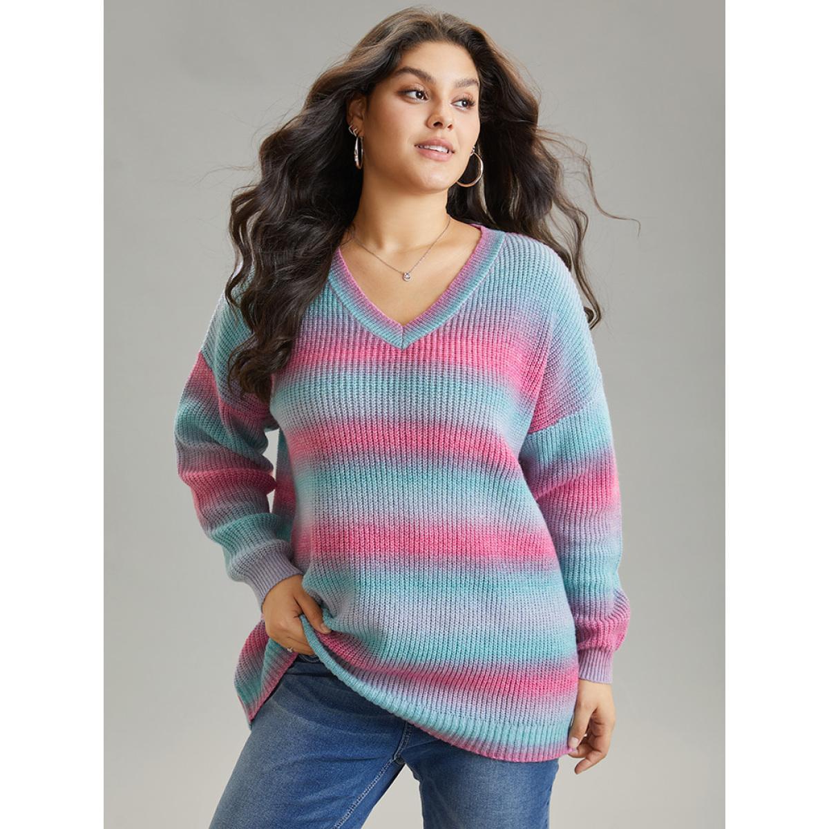 Plus Size Rainbow Ombre V Neck Loose Pullover RedViolet Women Casual Loose Long Sleeve V-neck Everyday Pullovers BloomChic 26/4X Product Image