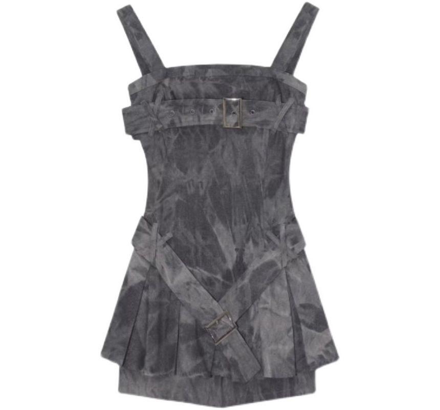 Detachable Strap Tie Dye Washed Pleated Belted Mini A-Line Denim Dress / Plain Bolero Product Image