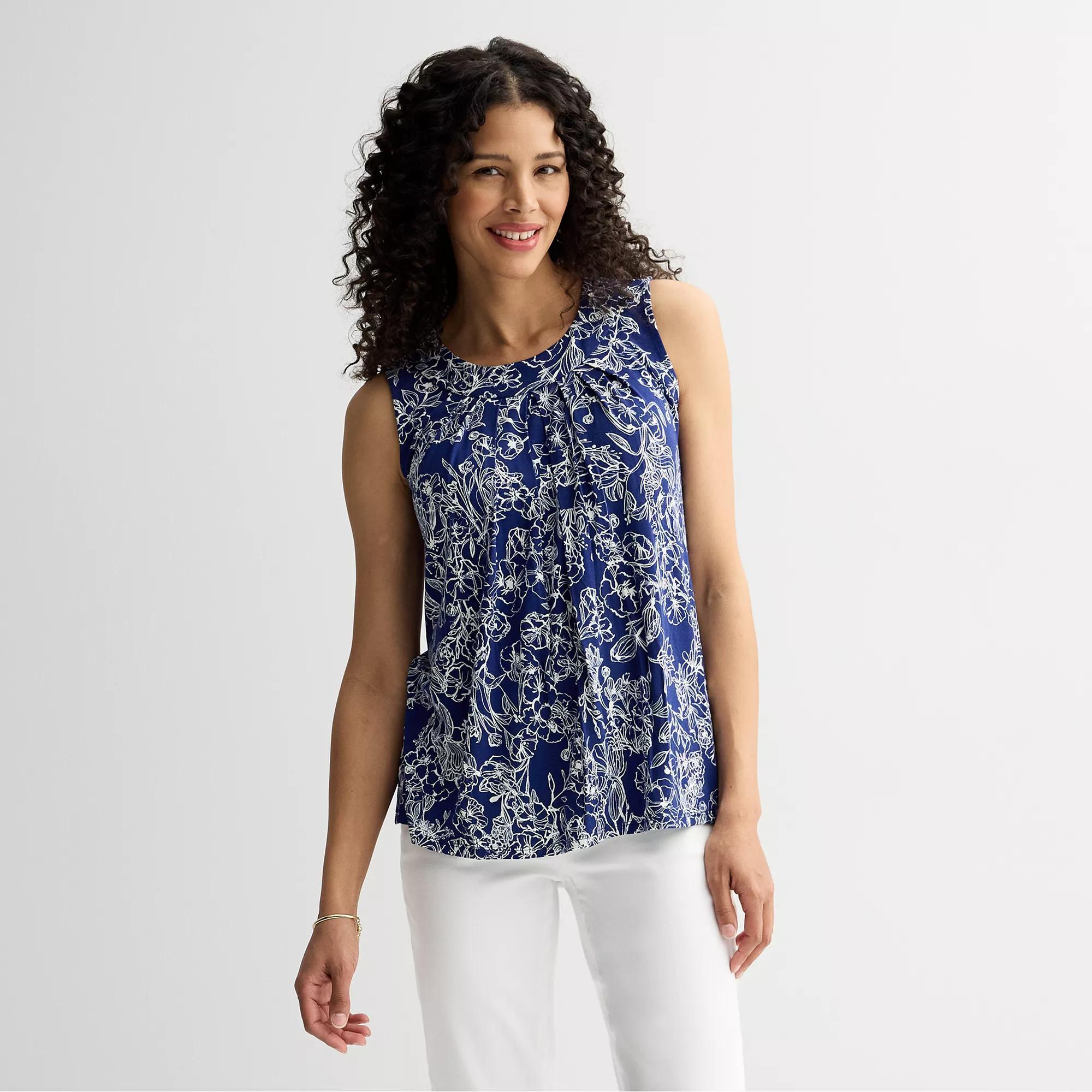 Petite Croft & Barrow Pleated Tank Top, Womens Blue Texture Palms Product Image