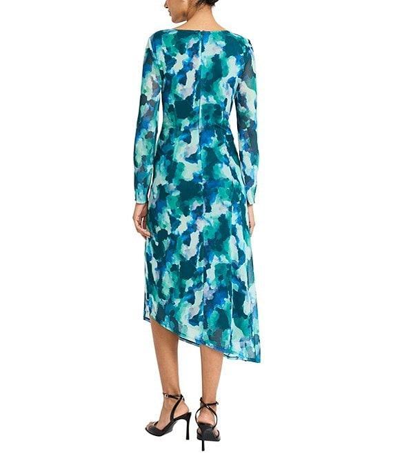 Maggy London Printed Power Mesh Boat Neck Illusion Long Sleeve Side Ruched Asymmetrical Drape Sheath Dress Product Image