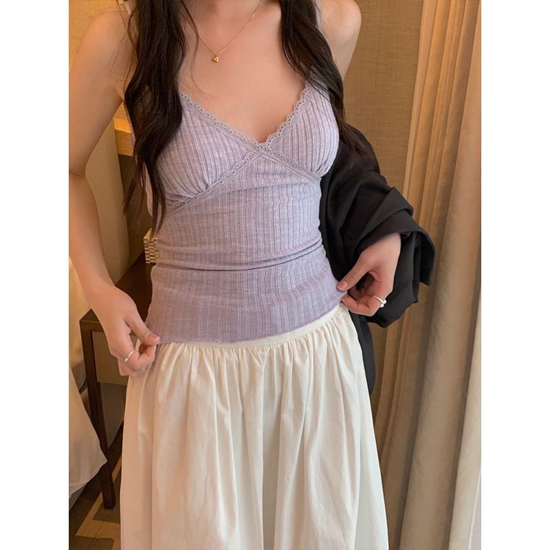 V-Neck Plain Lace Trim Crop Cami Top Product Image