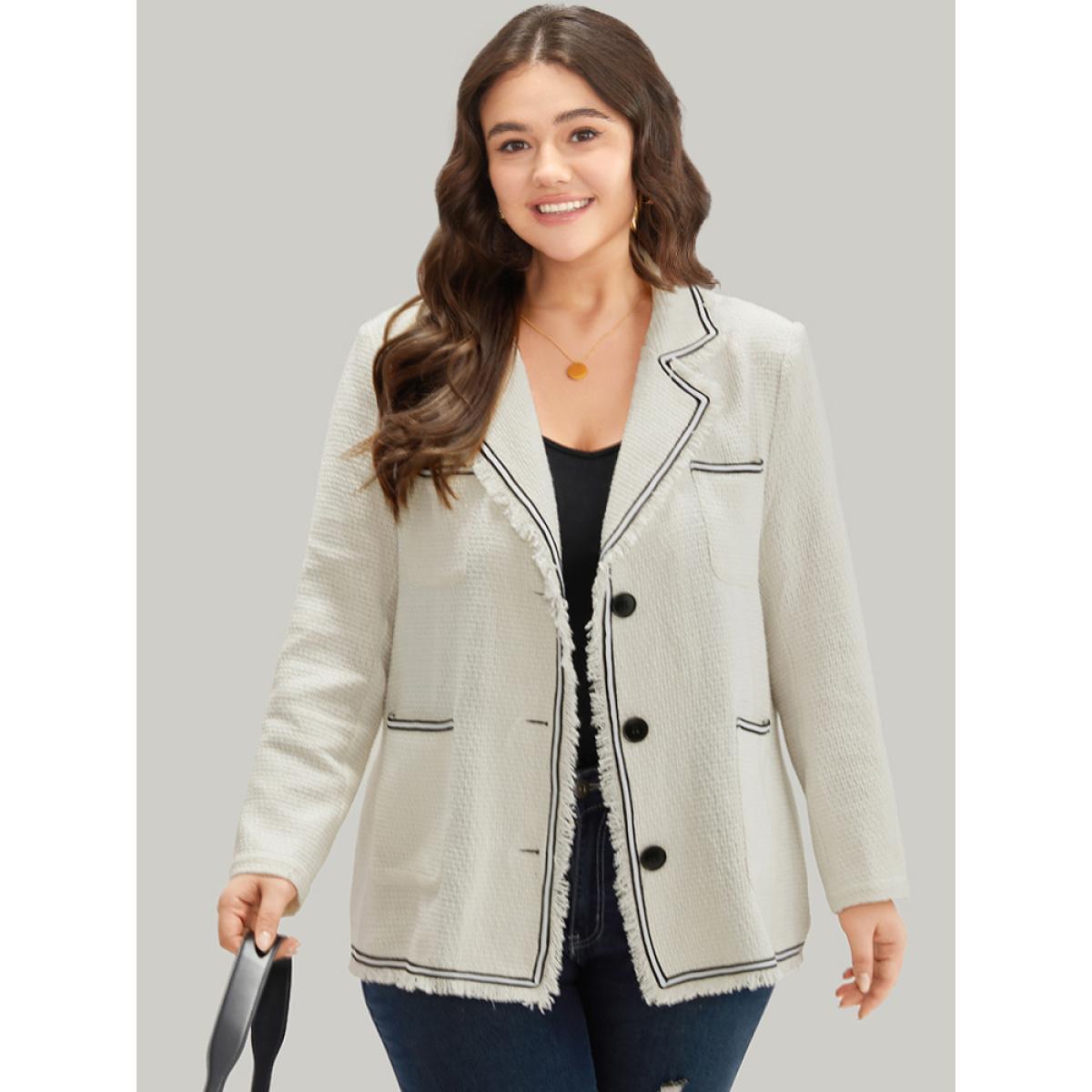 Plus Size Lapel Collar Tweed Contrast Fuzzy Trim Blazer White Women Work Plain Texture Sleeve Long Sleeve Lapel Collar 26/4X Pocket Office Blazers BloomChic Product Image