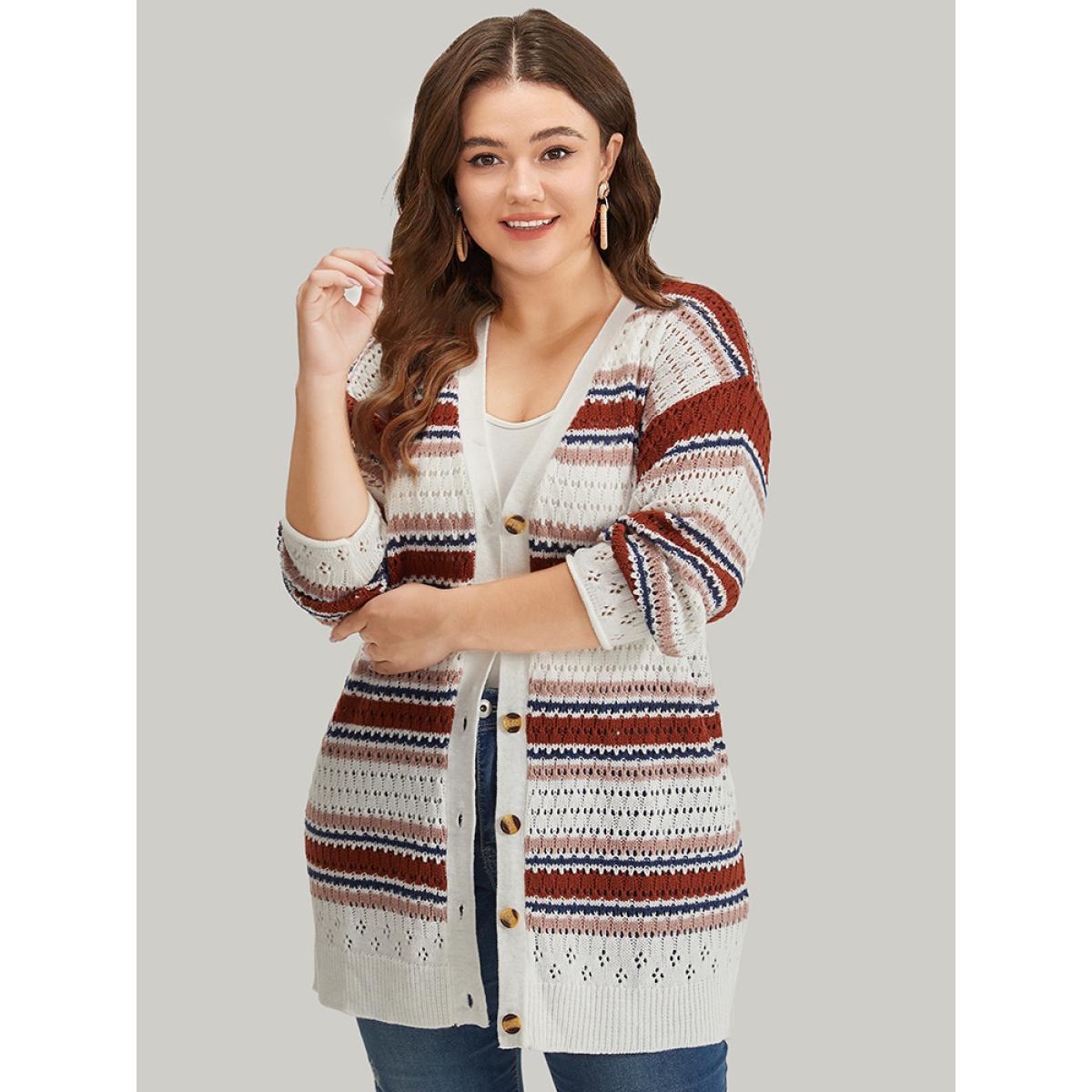 Plus Size Striped Contrast Pointelle Knit Button Through Cardigan Multicolor Women Casual Loose Long Sleeve Dailywear Cardigans BloomChic 10/M Product Image