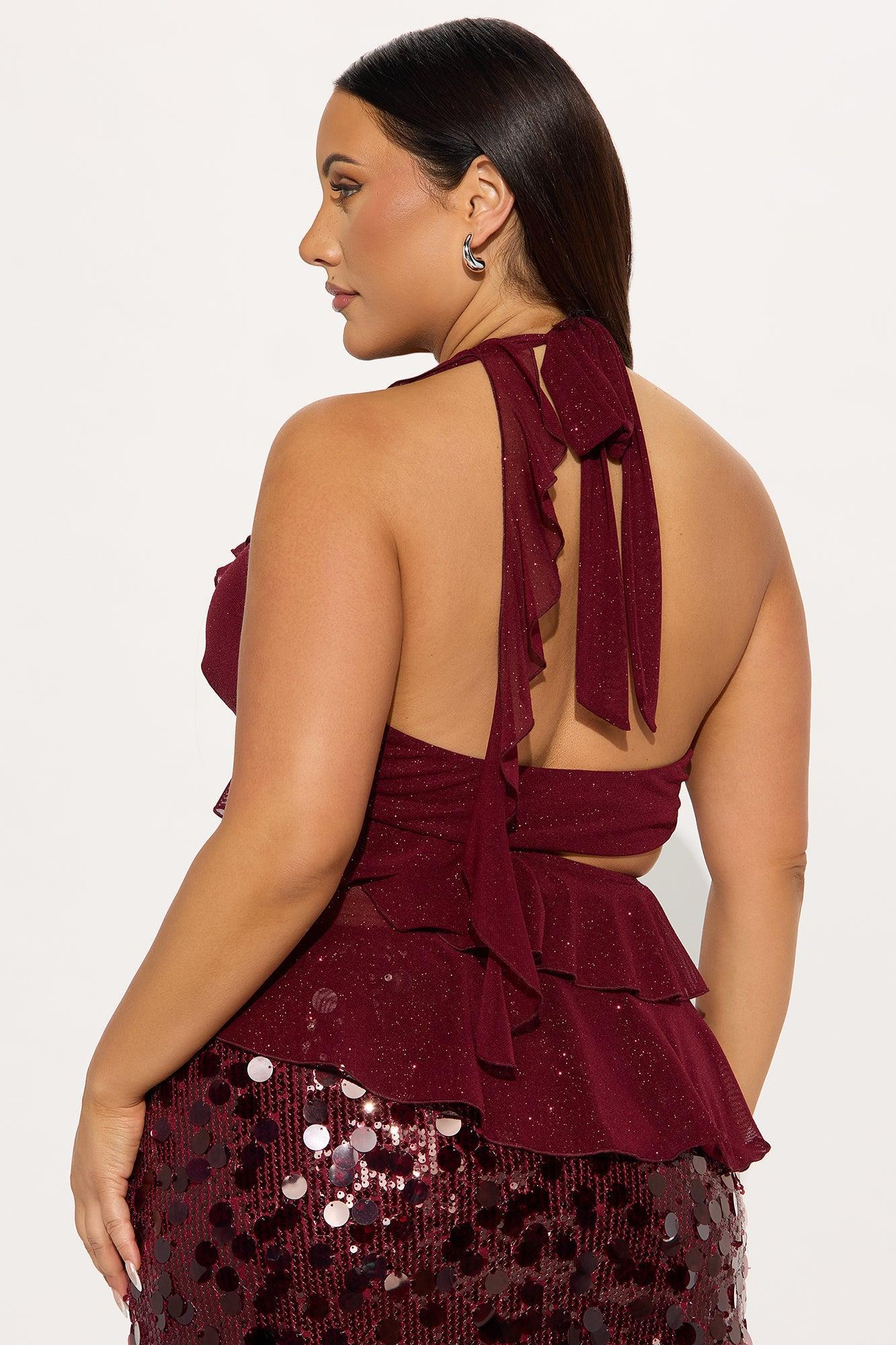 Carlita Glitter Mesh Halter Top - Burgundy Female Product Image