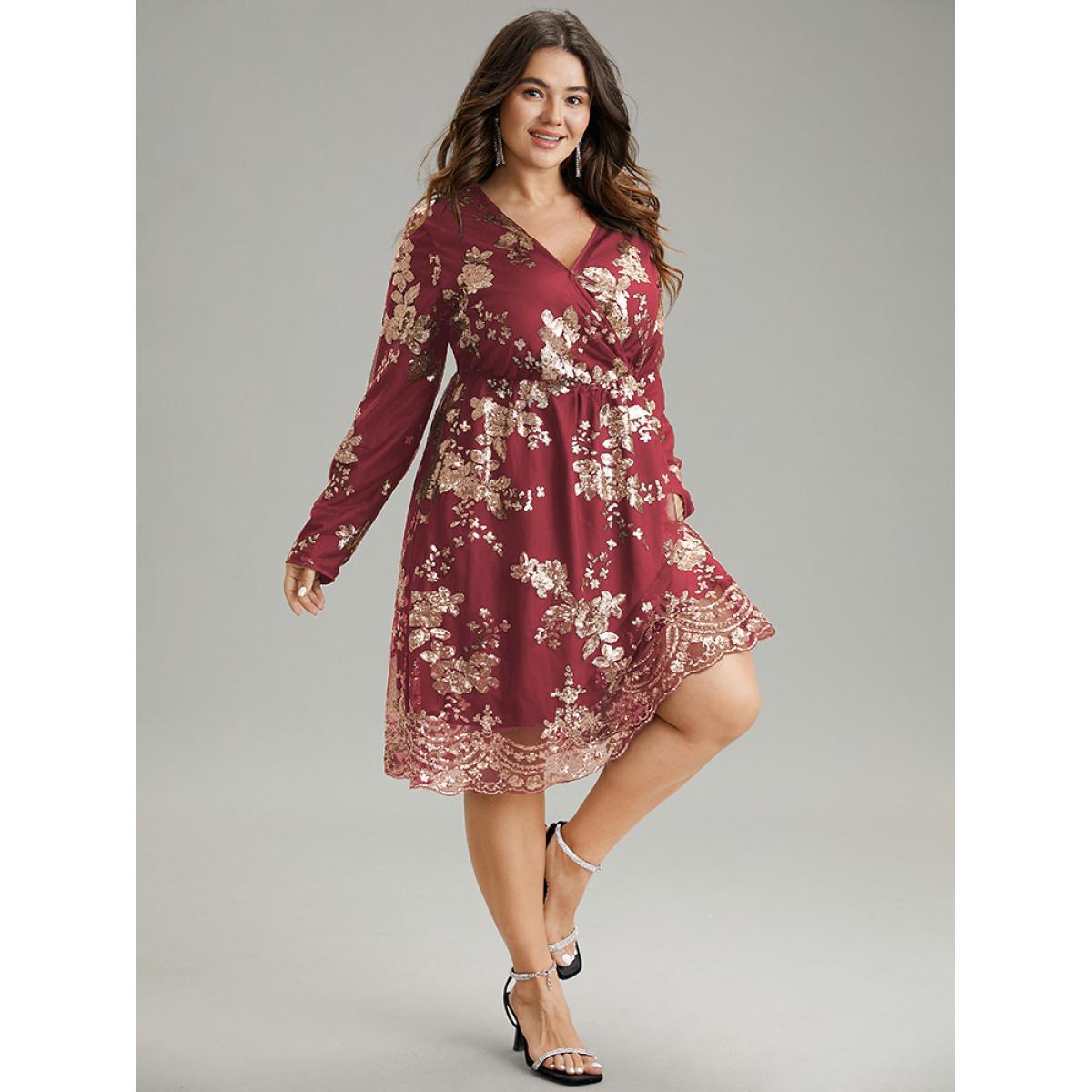 Plus Size Floral Sequin Elastic Waist Mesh Wrap Dress Scarlet Women Party Sequin Overlap Collar Long Sleeve Curvy Midi Dress BloomChic 26/4X Product Image