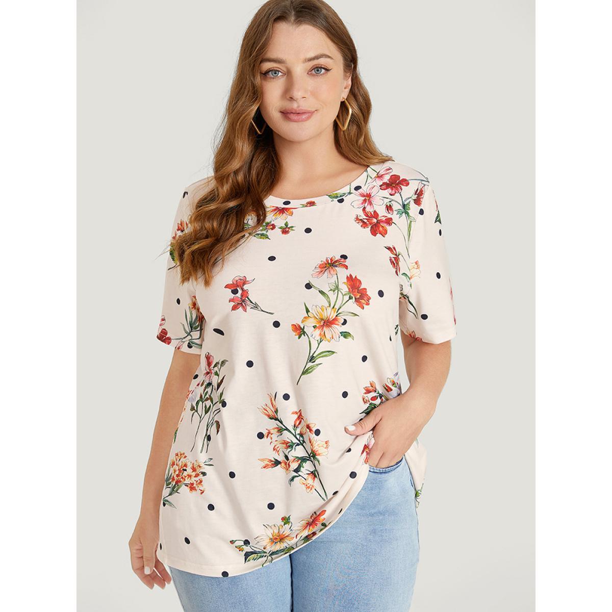 Plus Size Floral & Polka Dot Round Neck T-shirt Beige Women Elegant Floral Round Neck Dailywear T-shirts BloomChic 14-16/1X Product Image