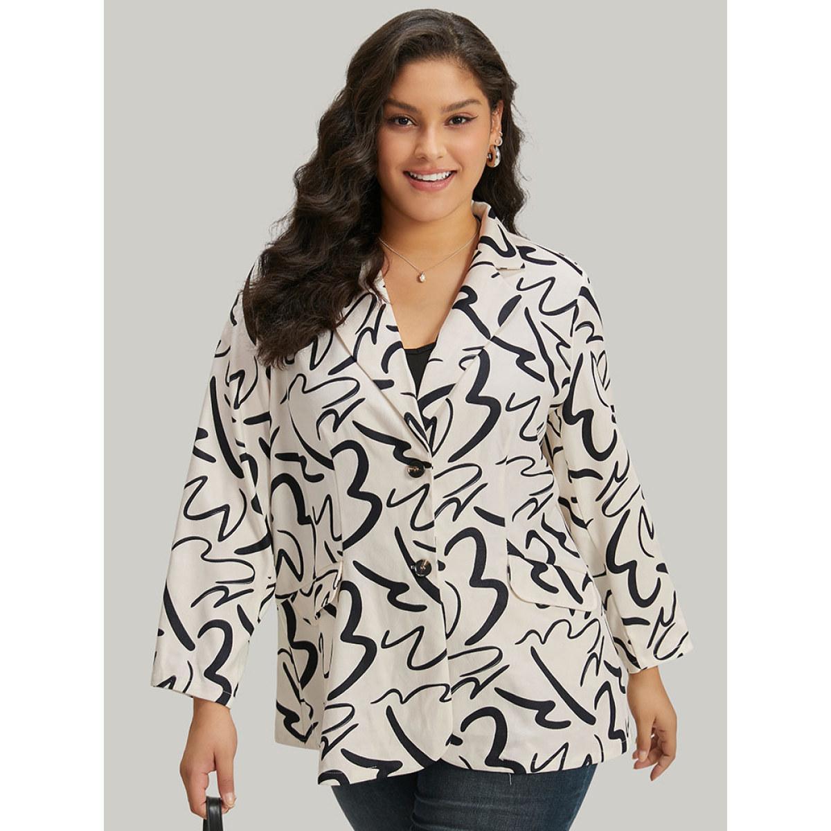 Plus Size Line Print Suit Collar Pocket Button Through Blazer Ivory Women Dailywear Geometric Button Sleeve Long Sleeve Suit Collar 12/L Pocket Office Blazers BloomChic Product Image
