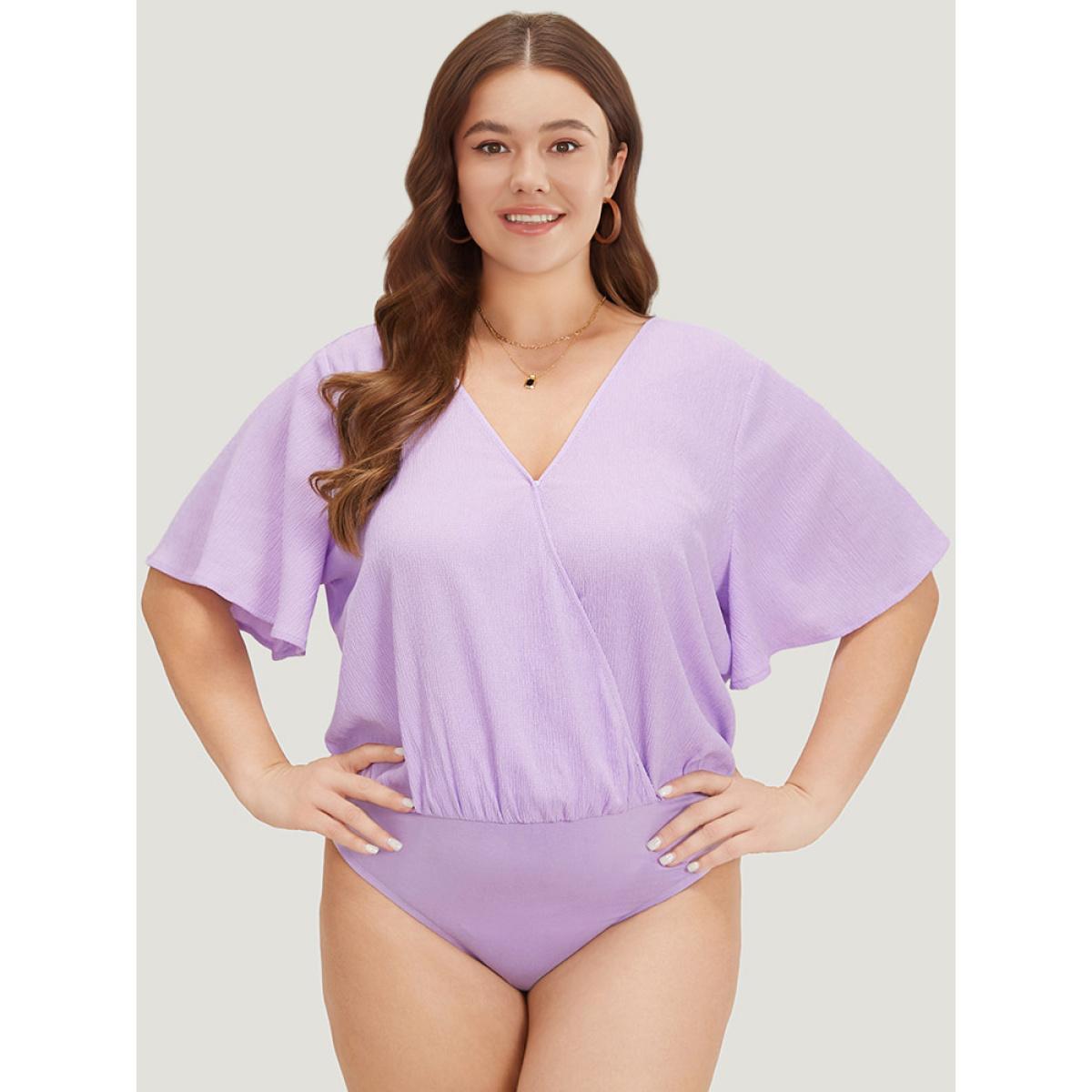 Plus Size Solid Ruffle Sleeve V Neck Ruched Bodysuit Women Lilac Plain Plain Bodysuits BloomChic 18-20/2X Product Image
