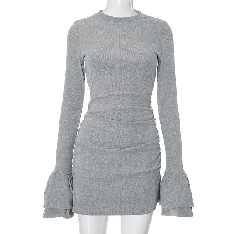 Flare-Sleeve Crewneck Plain Mini Sheath Dress Product Image