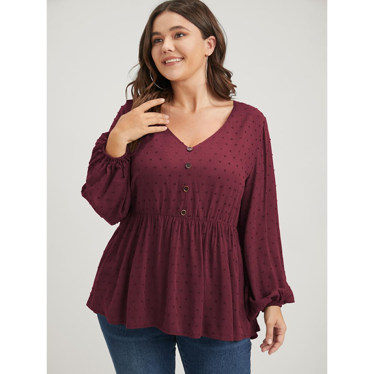 Plus Size Burgundy Polka Dot Flutter Button Detail Lantern Sleeve Blouse Women Elegant Long Sleeve V-neck Dailywear Blouses BloomChic 14-16/1X Product Image
