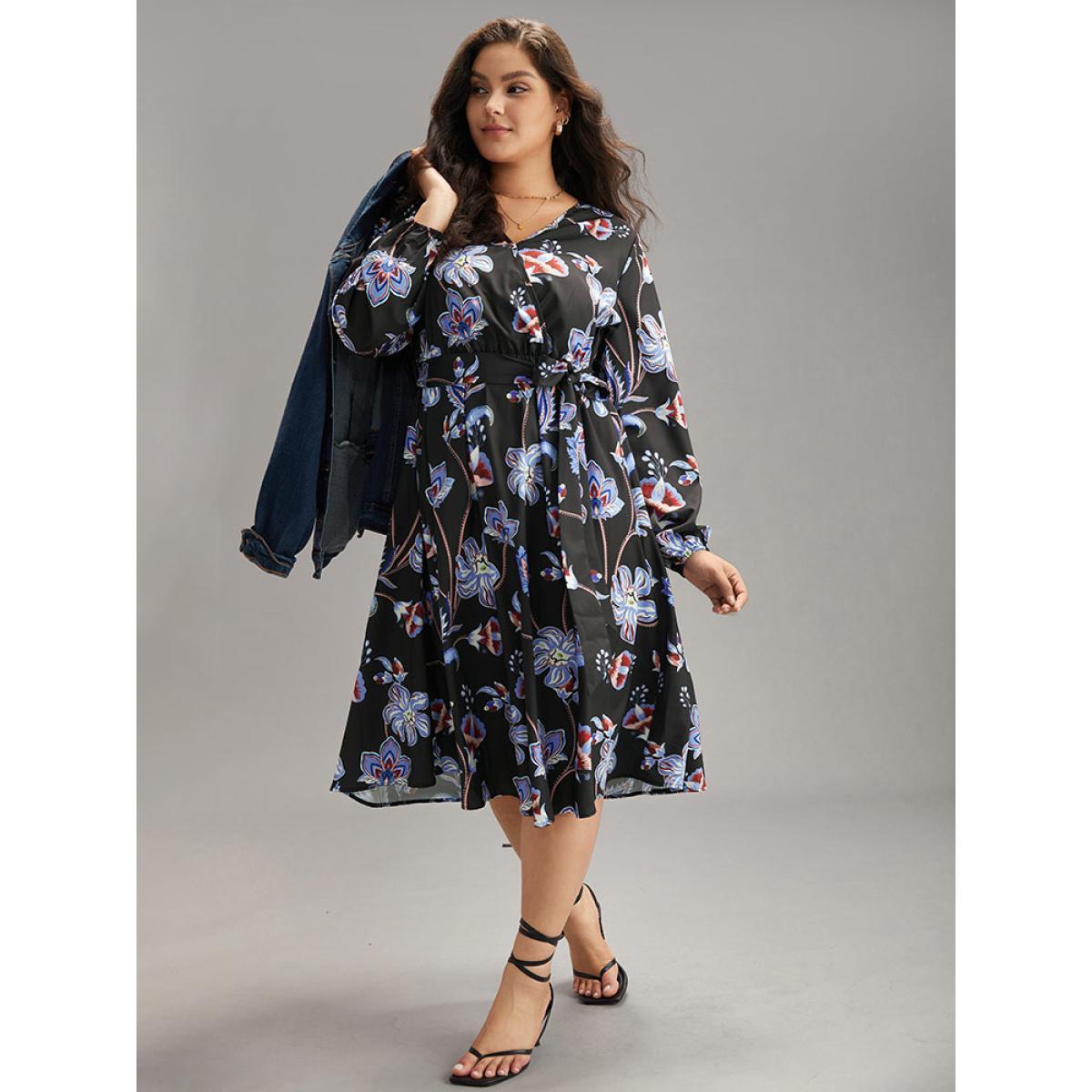 Plus Size Floral Print Elastic Cuffs Belted Dress Black Women Elegant Elastic cuffs V-neck Long Sleeve Curvy Midi Dress BloomChic 26/4X Product Image