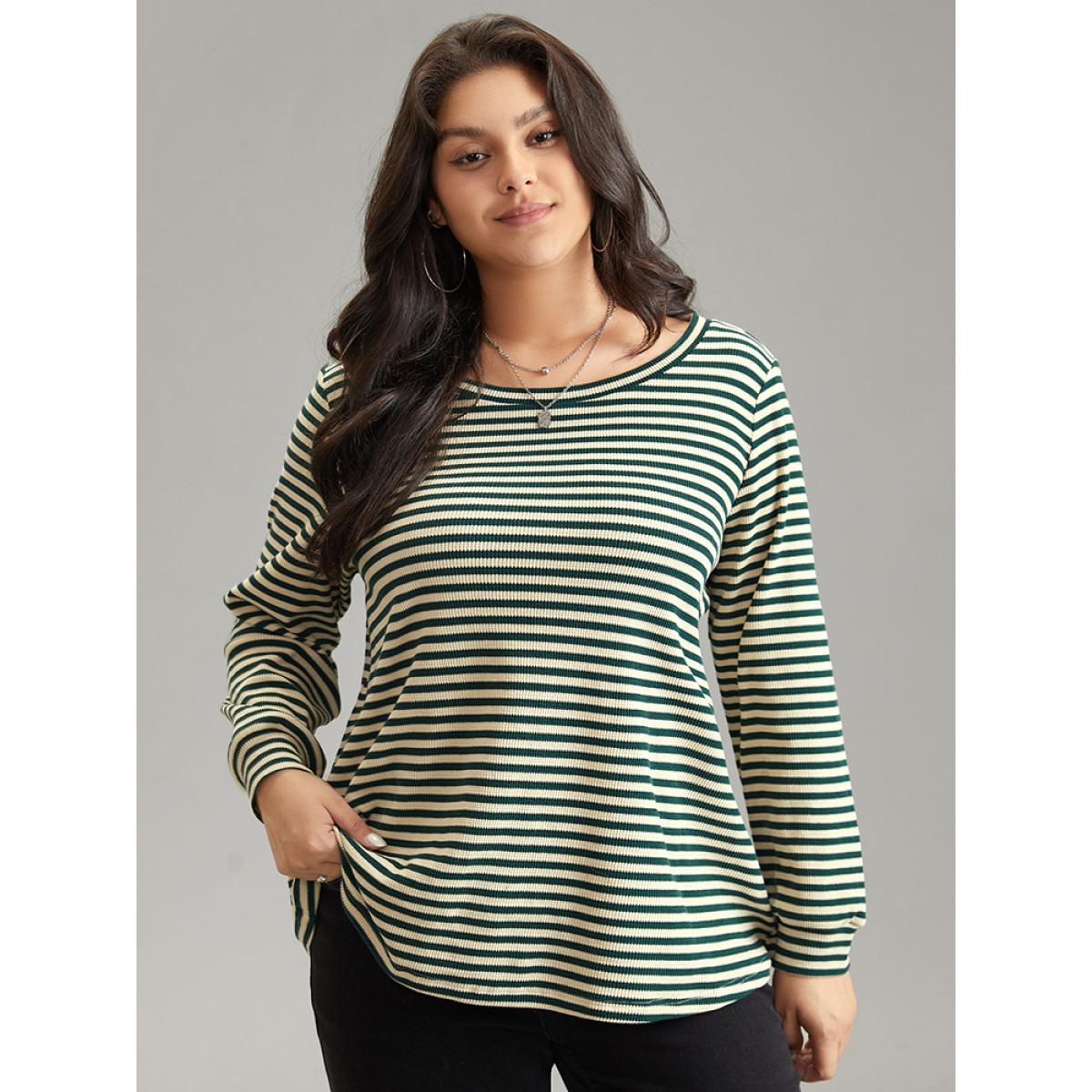 Plus Size Striped Two Tone Crew Neck Knit T-shirt Green Women Casual Waffle Knit Striped Round Neck Dailywear T-shirts BloomChic 28/5X Product Image