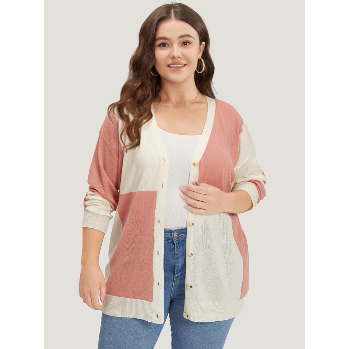 Plus Size Supersoft Essentials Colorblock Two Tone Button Up Cardigan Salmon Women Casual Loose Long Sleeve Everyday Cardigans BloomChic 18-20/2X Product Image