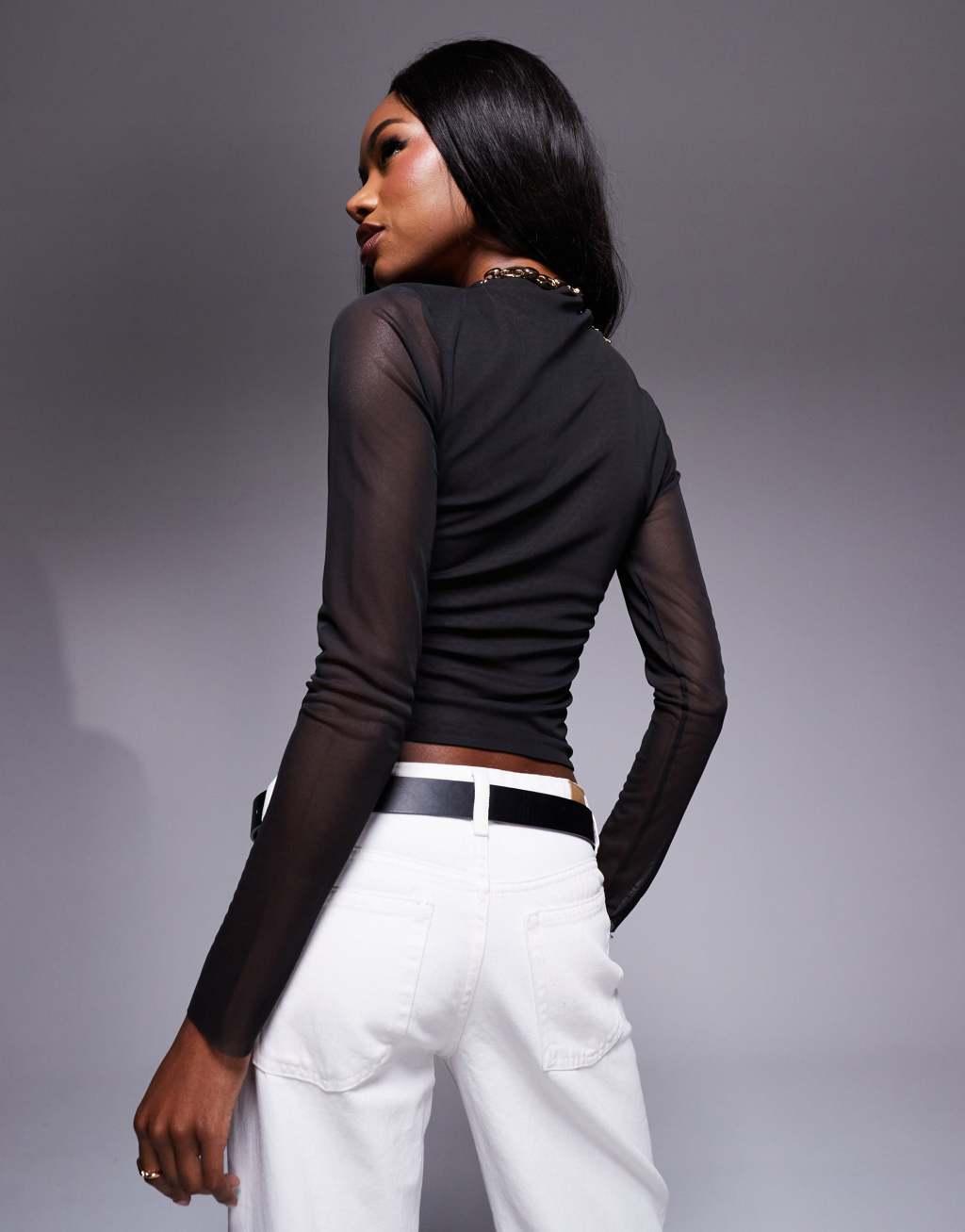 ASOS DESIGN fitted high neck double layer mesh long sleeve top in black Product Image