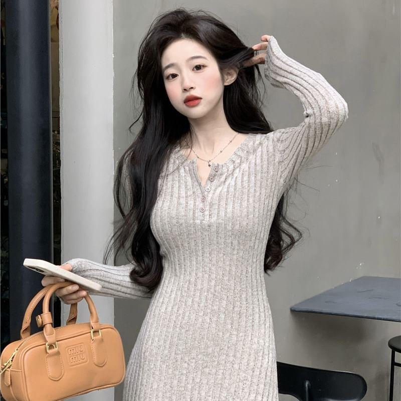 Long Sleeve Henley Ribbed Maxi A-Line Dress Product Image