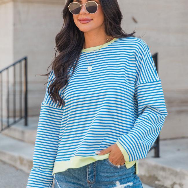 Think On It Blue Striped Contrast Trim Pullover FINAL SALE Product Image
