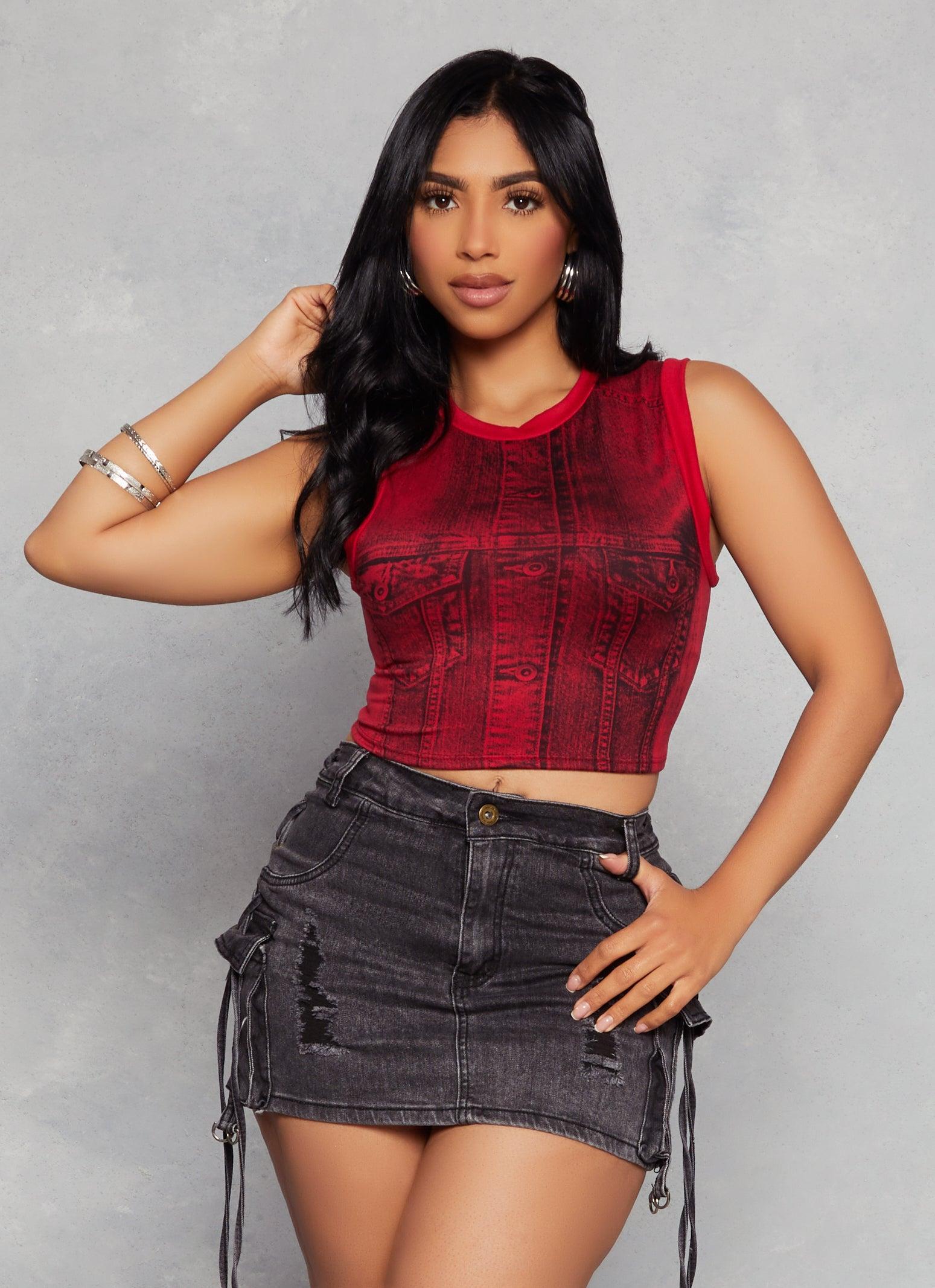 Womens Denim Print Sleeveless Crop Top Product Image