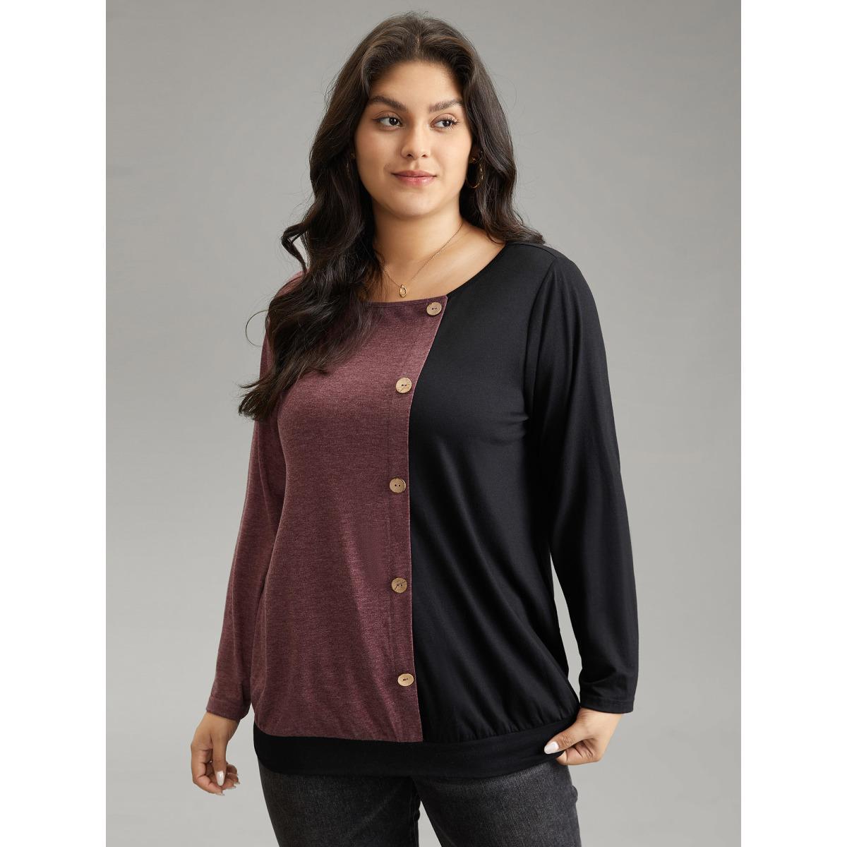 Plus Size Two Tone Round Neck Button Detail T-shirt Black Women Casual Contrast Plain Round Neck Dailywear T-shirts BloomChic 28/5X Product Image