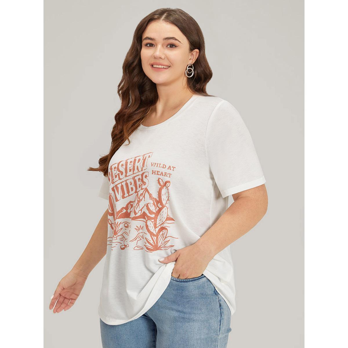 Plus Size Cactus & Letter Print Crew Neck T-shirt White Women Casual Printed Landscape Dailywear T-shirts BloomChic 30/6X Product Image