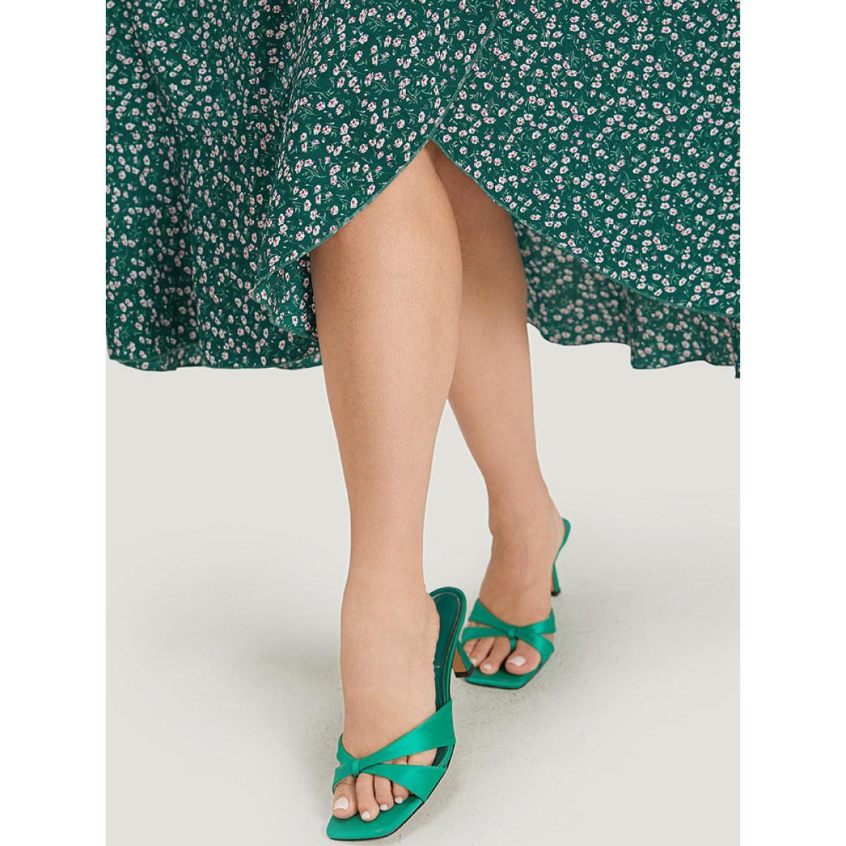 Plus Size Ditsy Floral Shirred Bowknot Pocket Wrap Hem Dress Teal Women Elegant Wrap Square Neck Short sleeve Curvy Midi Dress BloomChic 10/M Product Image