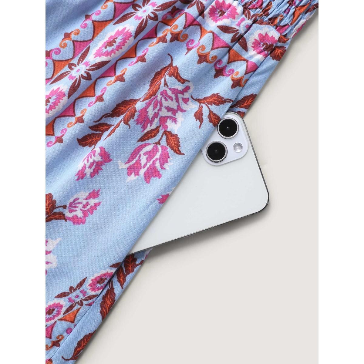 Plus Size Rayon Floral Print Shirred Pockets Midi Dress Stone Women Square Neck Sleeveless Curvy BloomChic 30/6X Product Image