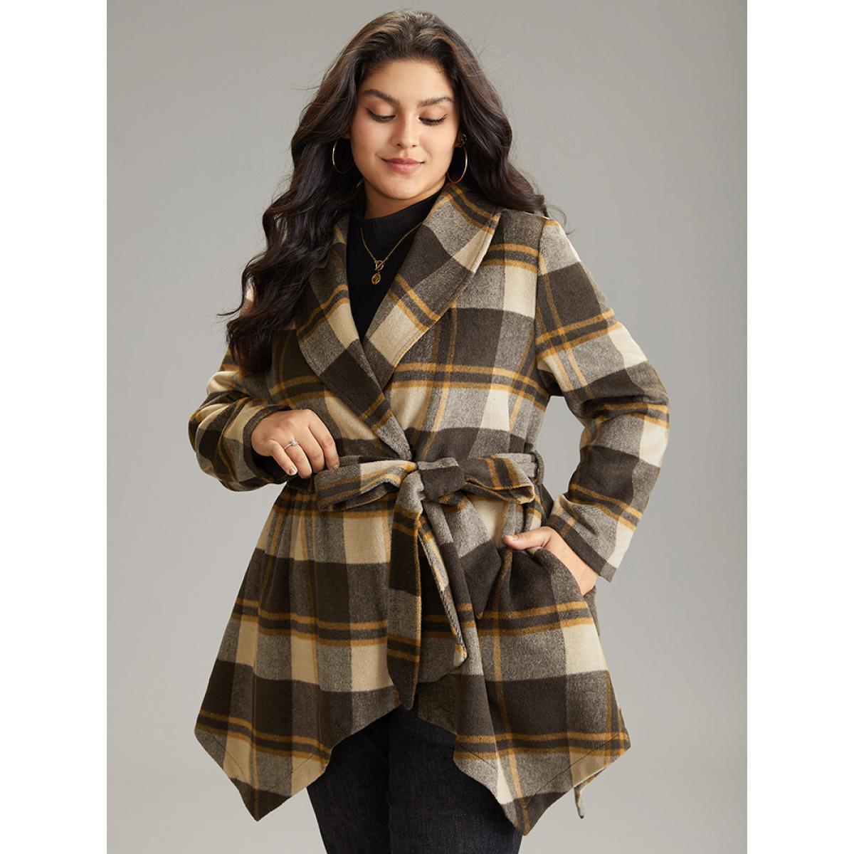Plus Size Plaid Belted Lapel Collar Hanky Hem Coat Women DarkBrown Casual Belted Ladies Dailywear Winter Coats BloomChic 30/6X Product Image