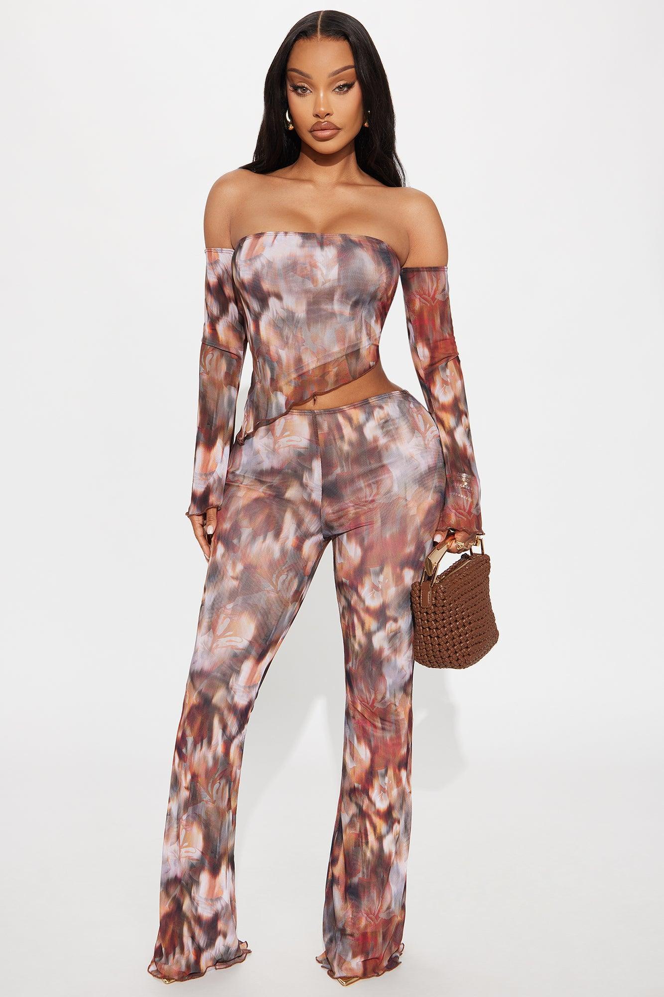 Miranda Mesh Asymmetrical Pant Set - Brown/combo Product Image