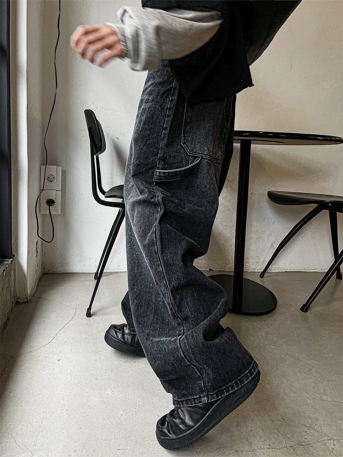 RT No. 12663 WASHED BLACK WIDE STRAIGHT DENIM JEANS Product Image