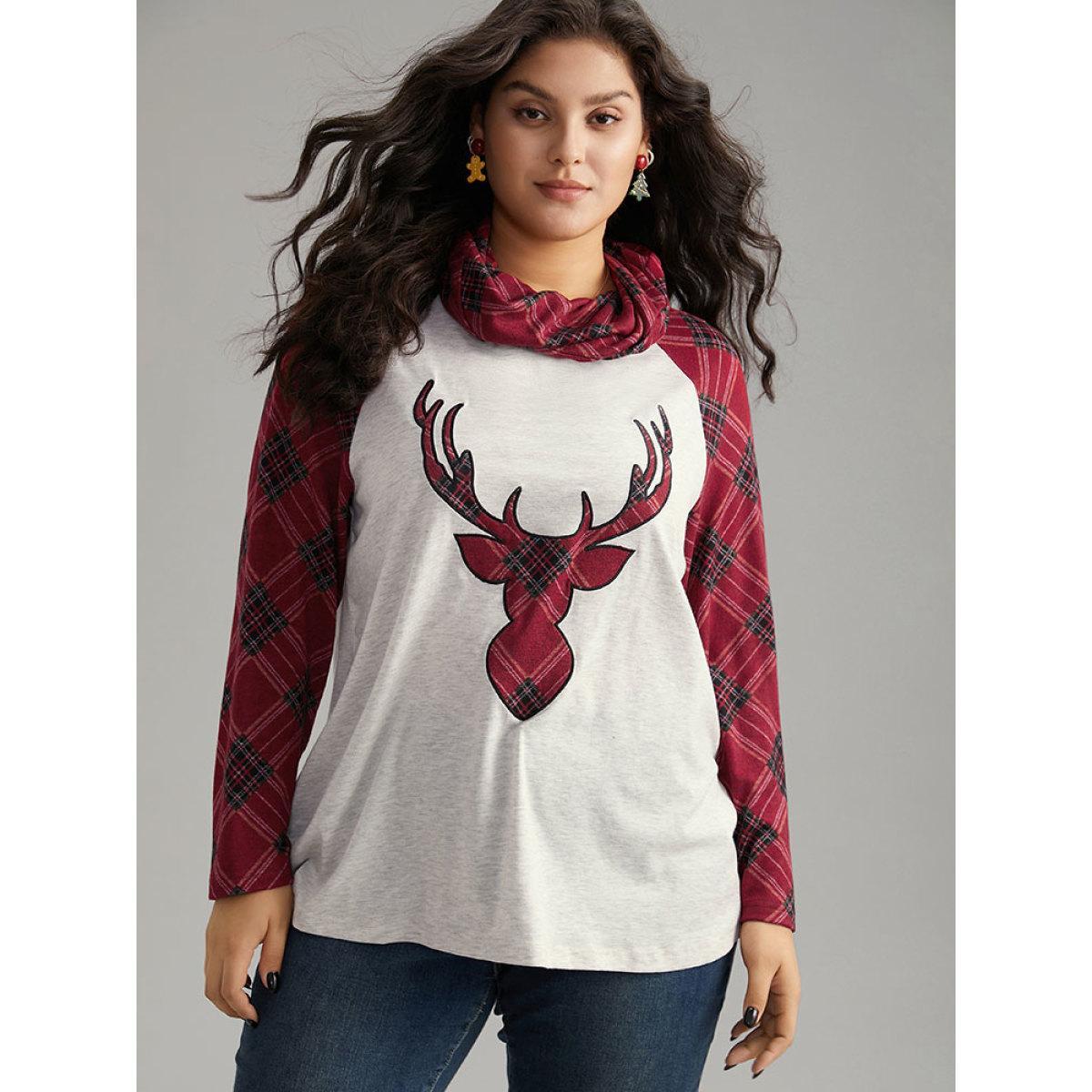 Plus Size Elk Plaid Patchwork Cowl Neck T-shirt LightGray Women Casual Contrast Christmas Cowl Neck Festival-Christmas T-shirts BloomChic 26/4X Product Image