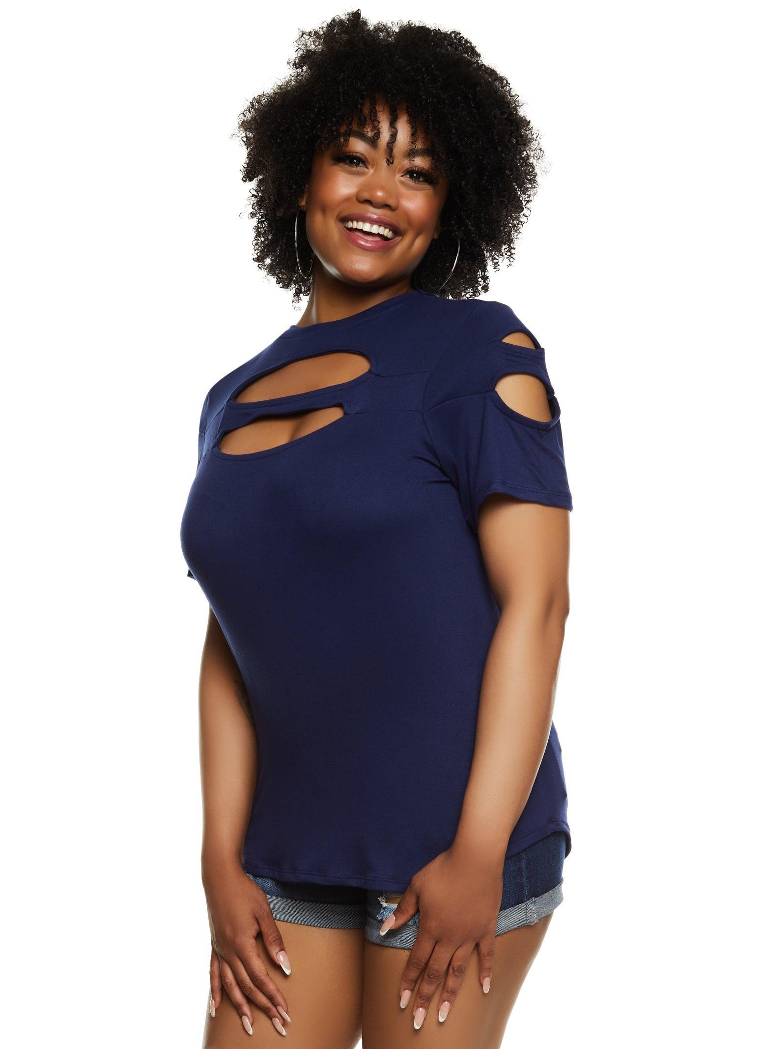 Womens Plus Size Cut Out Crew Neck T Shirt Product Image