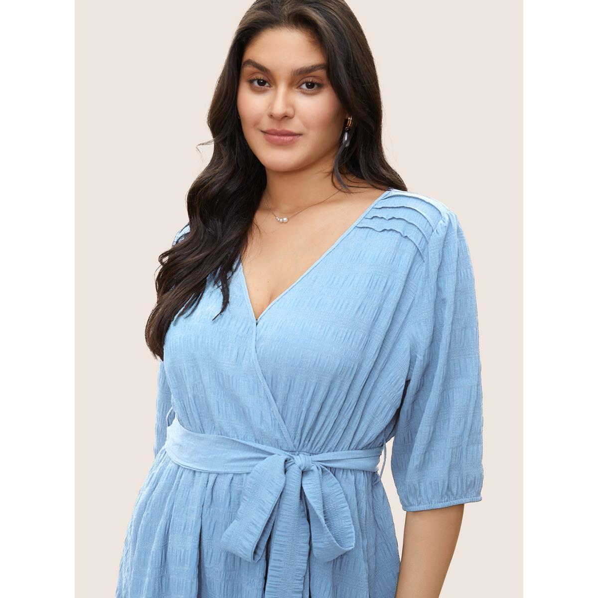 Plus Size Plisse Overlap Collar Belted Pleated Detail Dress LightBlue Women At the Office Non Overlap Collar Elbow-length sleeve Curvy Midi Dress BloomChic 30/6X Product Image