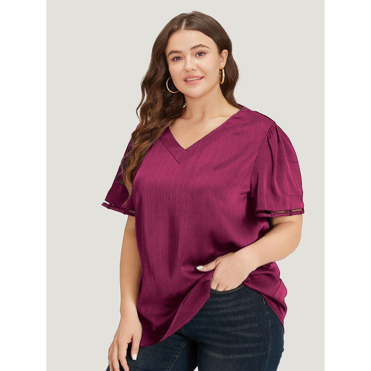Plus Size DarkGreen Plain Cut Out V Neck Blouse Women Office Short sleeve V-neck Work Blouses BloomChic 26/4X Product Image