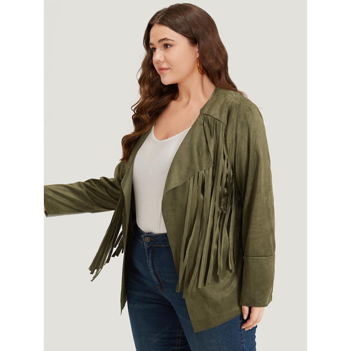 Plus Size Plain Tassel Trim Open Front Jacket Women ArmyGreen Tassels Vacation Jackets BloomChic 28/5X Product Image