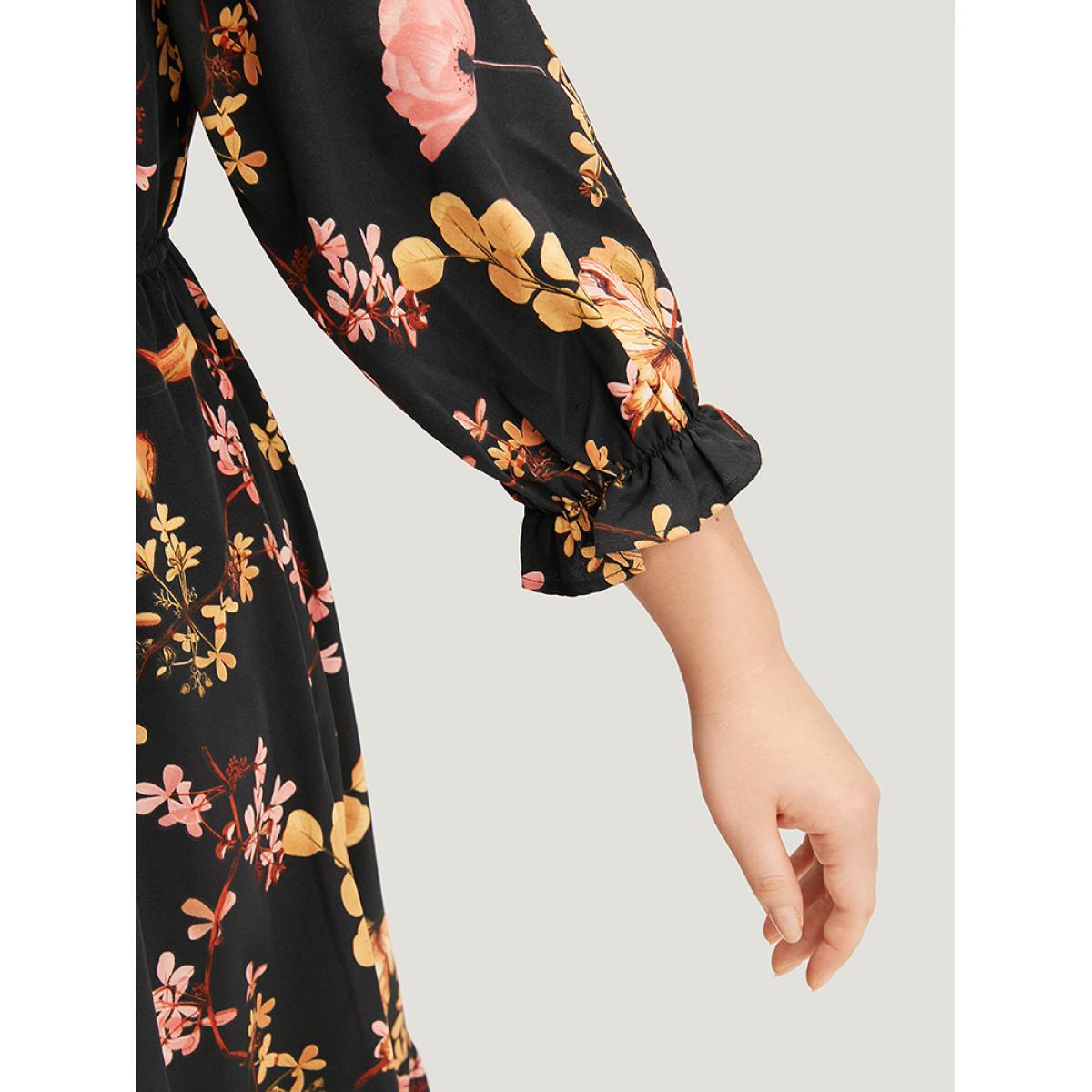 Plus Size Floral Print Bowknot Flutter Trim Tiered Dress Black Women Elegant Gathered Square Neck Elbow-length sleeve Curvy Midi Dress BloomChic 26/4X Product Image