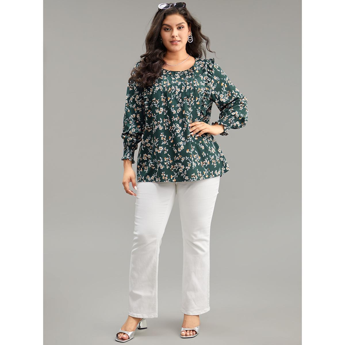 Plus Size DarkGreen Ditsy Floral Shirred Cuffs Frill Trim Blouse Women Elegant Long Sleeve Round Neck Dailywear Blouses BloomChic 18-20/2X Product Image