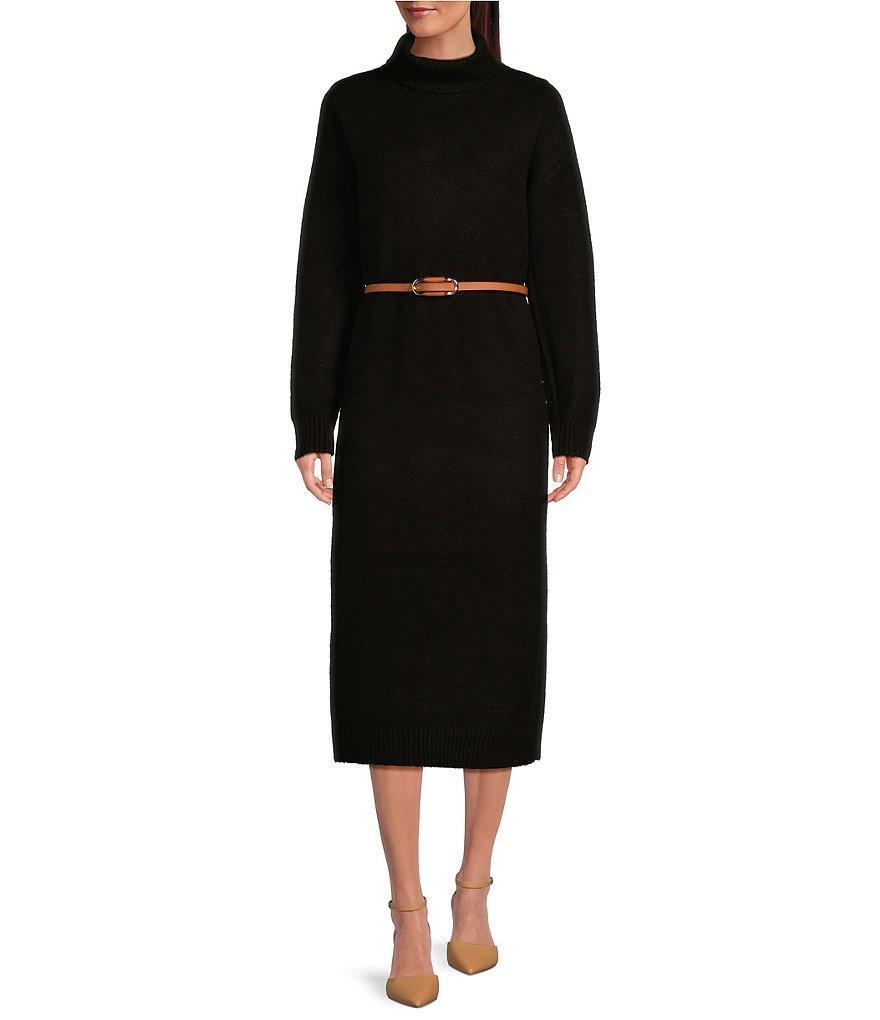 Gibson & Latimer Knit Turtle Neck Long Sleeve Belted Shift Sweater Midi Dress Product Image