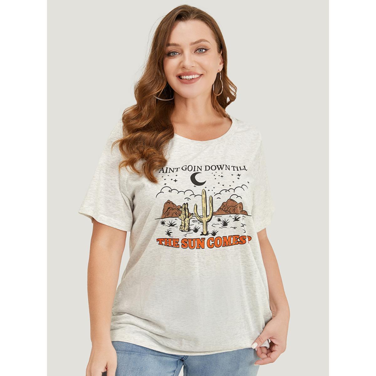 Plus Size Cactus & Letter Print Short Sleeve Graphic Tee LightGray Women Casual Western Dailywear T-shirts BloomChic 18-20/2X Product Image