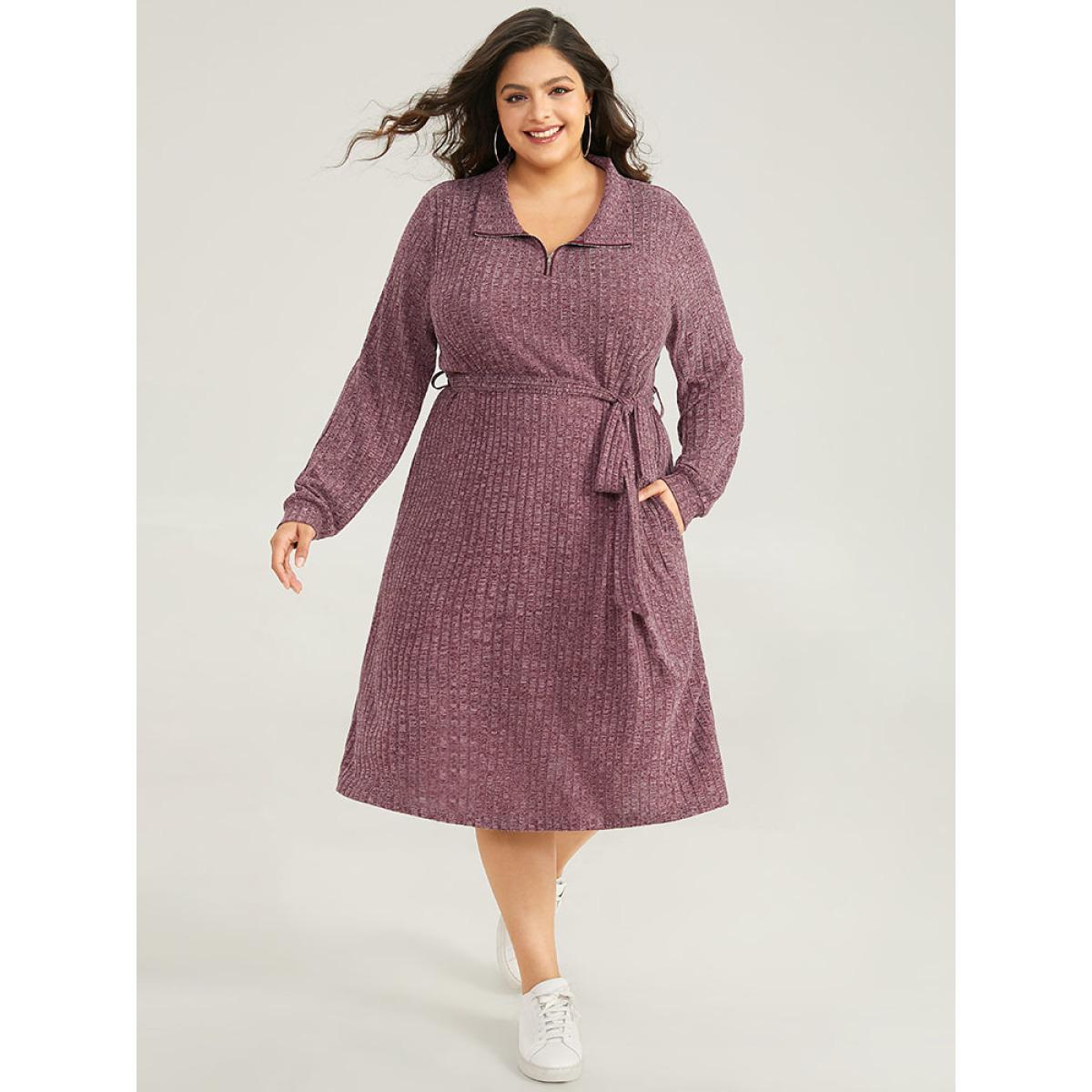 Plus Size Solid Belted Rib Knit Half Zipper Dress Scarlet Women Casual Texture Lapel Collar Long Sleeve Curvy Midi Dress BloomChic 28/5X Product Image