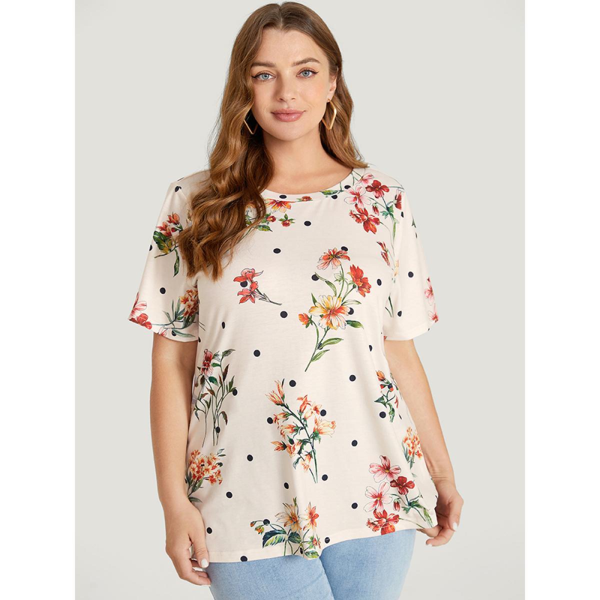 Plus Size Floral & Polka Dot Round Neck T-shirt Beige Women Elegant Floral Round Neck Dailywear T-shirts BloomChic 14-16/1X Product Image