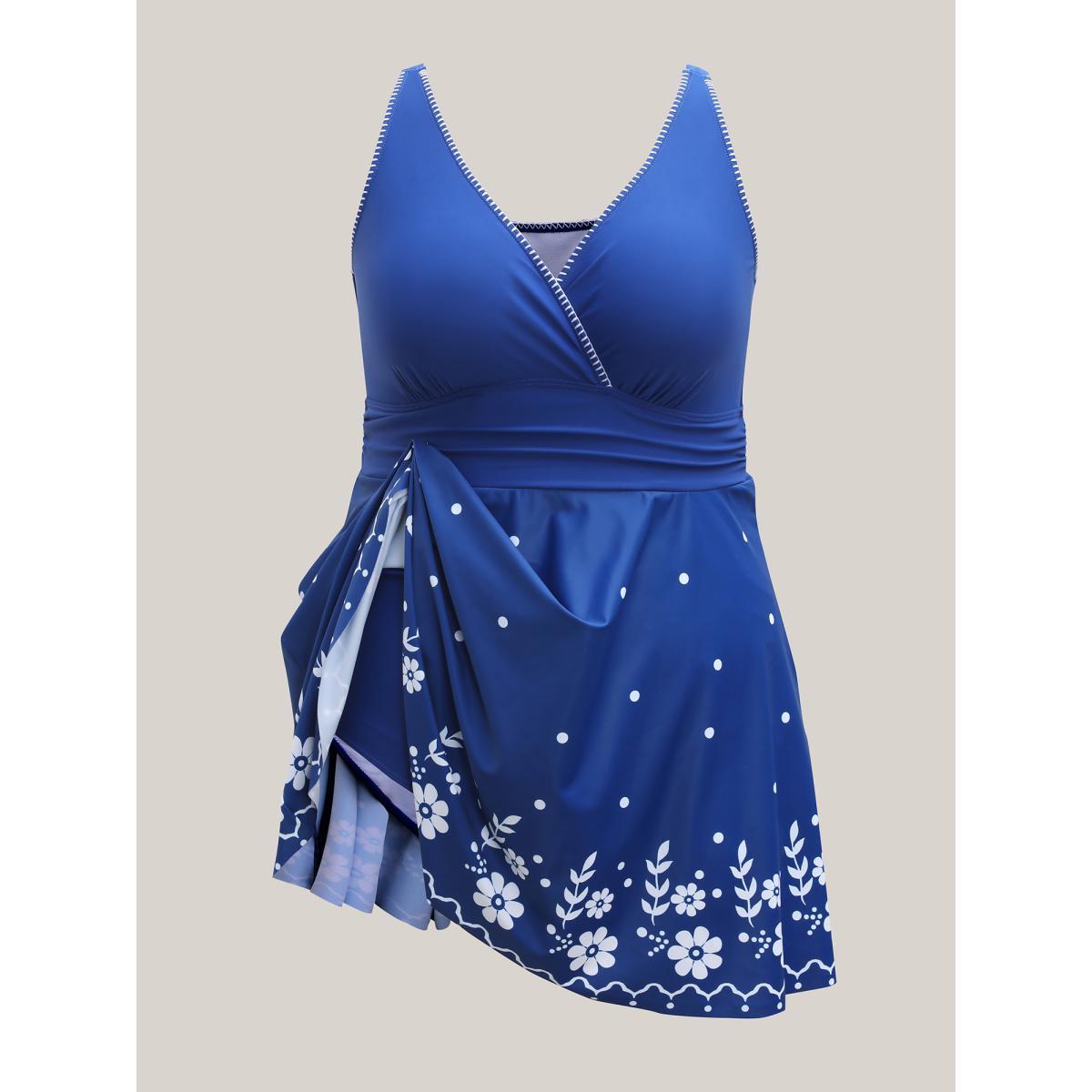 Plus Size Anti-Float Tie Floral Print Embroidered Swim Dress Women's Swimwear Mediumblue Beach Bodycon Overlap Collar High stretch Curve Swim Dresses BloomChic 22-24/3X Product Image