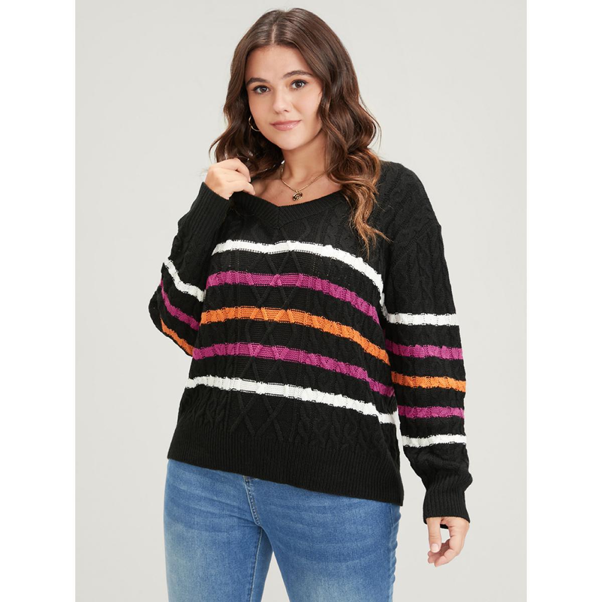 Plus Size Striped Contrast Pointelle Knit Geometric Jacquard Knit Top Black Women Casual Long Sleeve V-neck Dailywear Pullovers BloomChic 30/6X Product Image